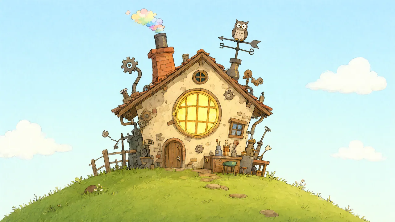 Professor Kettlewick's crooked stone cottage on its green hill